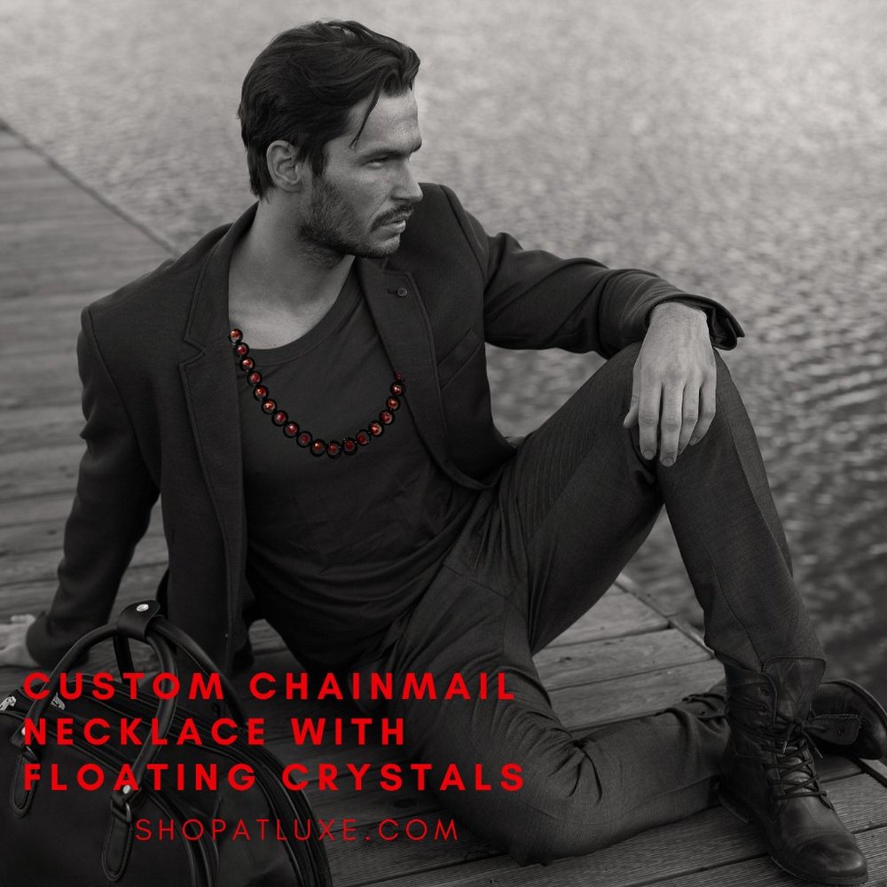 Custom Crafted Black Chainmail Necklace With Floating Crystals